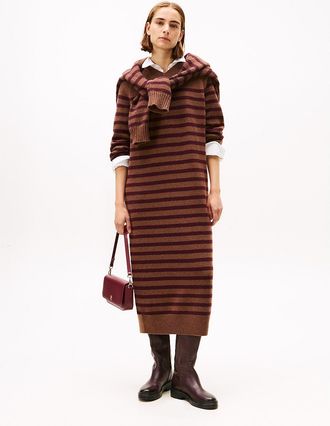 Tommy Hilfiger Womens Stripe Wool-Cashmere Sweater Dress - Brown - XS