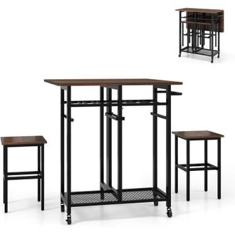 Costway Juego De Mesa De Comedor De 3 Piezas, Mesa De Cocina Extensible Con 2 Taburetes, Botellero Para 6 Botellas, Estantes Y Asa Lateral, Mesa Plegable Para