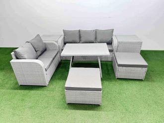 Fimous Rectangular Dining Table Sofa Set with 2 Big Stool 2 Side Tables in Light Grey