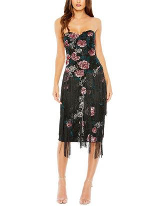 Mac Duggal Floral-Embossed Fringed Strapless Midi Dress