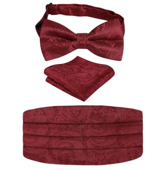 Alizeal Mens Classic Paisley Pre-tied Party Adjustable Bow Tie, Cummerbund and Pocket Square Set, Maroon