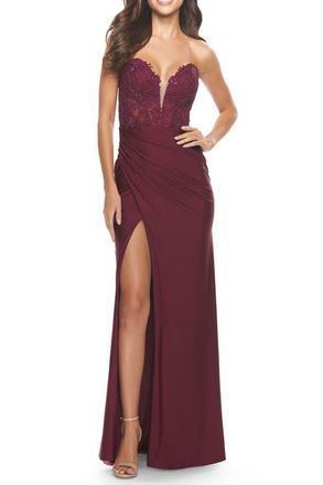 La Femme Long Dress with Jersey Skirt and Lace Illusion Bodice in Dark Berry at Nordstrom, Size 8