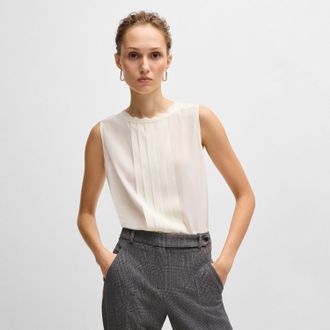 HUGO BOSS Womens Bemiula Pleat-Front Sleeveless Blouse in White - Size 4 UK
