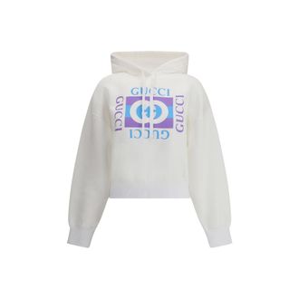 Gucci Womens Logo Print Relaxed Fit Hoodie - White Cotton - Size Medium