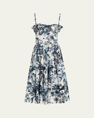 Oscar De La Renta Dotted Palm-Print Ruffle Sleeveless Midi Dress With Belt