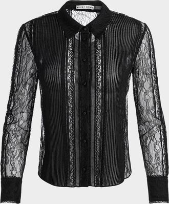 Alice & Olivia Willa Mixed-Media Lace Placket Top
