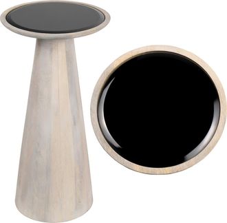 Jonathan Y Designs Linden 21.5 Farmhouse Industrial Mango Wood Drink Table and Decorative End Table with Round Black Glass Top and Cone Pedestal Base in Ash