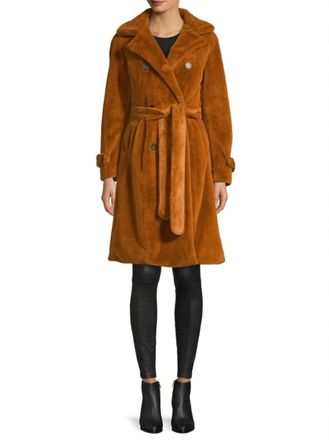 Apparis Nicole Double-Breasted Faux-Fur Belted Coat In Brown
