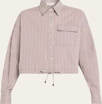 Brunello Cucinelli Striped Crispy Cotton-Silk Drawstring Button-Down Shirt