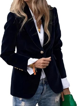 Generic Womens Velvet Blazer Suit Jackets, Business Casual Vintage Button Up Blazer Jacket Outfits Fall Winter Coats (Black,XXL)