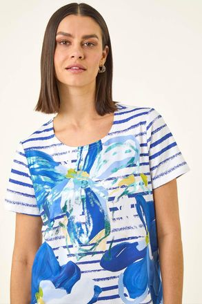 Roman Floral Stripe Print Stretch Top
