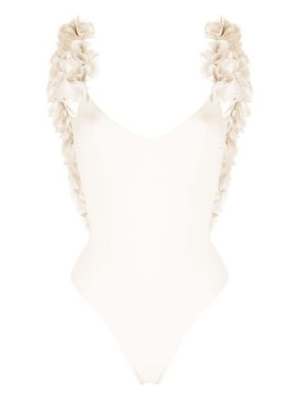 La Reveche Amira floral-appliqué swimsuit - Neutrals