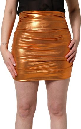 Dolce & Gabbana Womens Metallic Orange Ruched Lame Bodycon Mini Skirt Polyester Elastane