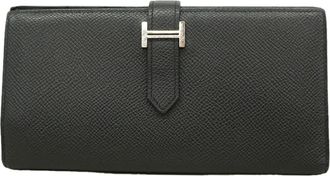 Herm&egrave;s Black Leather Long Wallet (Bi-Fold) (Pre-Owned)