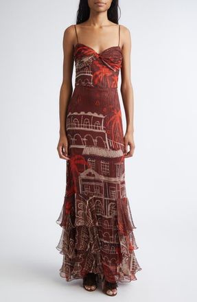 Johanna Ortiz Pasos Nocturnos Print Tiered Metallic Crepe Maxi Dress in Wine /Red at Nordstrom, Size 6