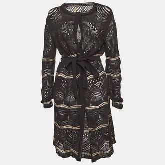 Roberto Cavalli Black Pointelle Knit Belted Cardigan