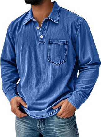 Generic Cotton Shirts for Men Rugby Shirts for Men Long Sleeve V Neck Polo Sweatshirts Winter Distressed Solid Color Collared Denim Work Shirt Outdoor Corduro