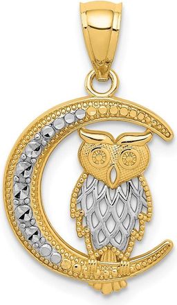Diamond2Deal 14k Yellow Gold and White Rhodium Diamond-cut Owl on the Moon Pendant