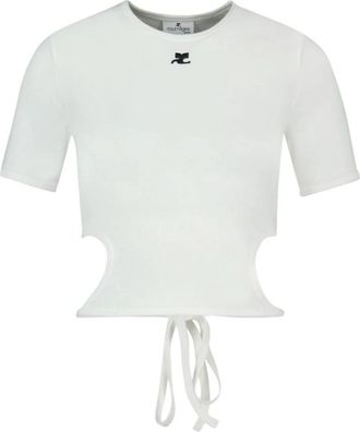 Courr&egrave;ges Cropped T-shirt met uitsnijding - Dames - T-shirts - Wit - S - Katoen - Tops
