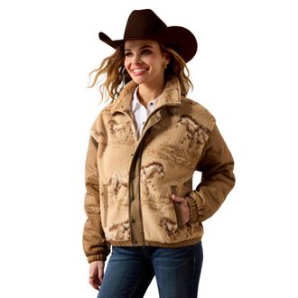Ariat Womens Sherpa Blocked Jacket Long Sleeve in Wild Horses Print Tigers Eye, Size 2X-Large, by Ariat