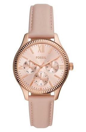 Fossil Rye Quartz Multifunction Leather Strap Watch, 36mm in Rose Gold at Nordstrom Rack