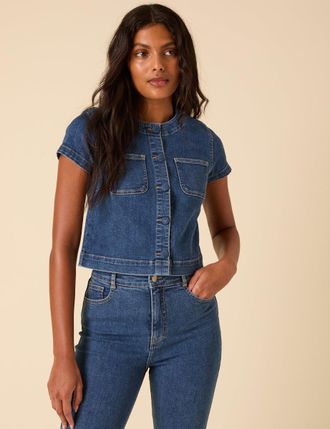 Nobody's Child Mid-wash Denim Button Down Top