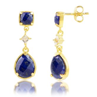 MAX + STONE 18K Gold Plated Genuine Gemstone 3 Stone Dangle Drop Earrings