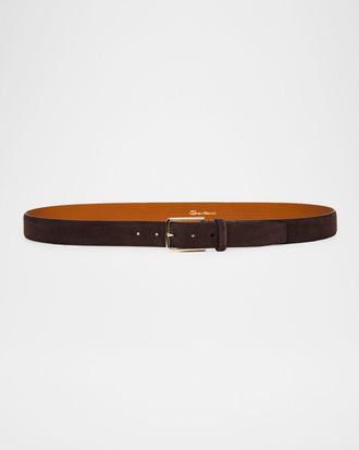 Santoni Mens Suede Rectangle-Buckle Belt