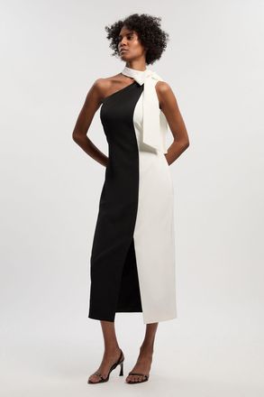 Karen Millen Womens Soft Tailored Colour Block Bow Midi Dress - Monochrome Multi - Size 10 UK