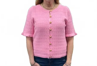 THML Clothing Short Sleeve Button Down Knitted Top In Pink