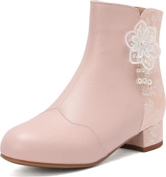 Generic Womens Elegant Round Toe PU Ankle Boots with Lace Flower Pearl Detail Low Block Heels Side Zipper Comfortable Anti-Slip Wear-Resistant for Daily Casua