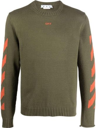 Off-white Mens Off-White Logo Pattern Round Neck Pullover Slim Fit Version Green OMHE023F22KNI0015620
