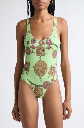 Versace Broken Jewels Print One-Piece Swimsuit in Pistachio Azur Gold at Nordstrom, Size 3