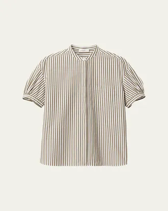 Lafayette 148 New York Stripe Poplin Puff-Sleeve Shirt