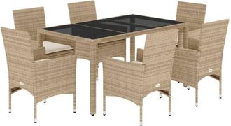 vidaXL Set Comedor Jard&iacute;n 7 Pzas Cojines Rat&aacute;n Sint&eacute;tico Vidrio Beige Vidaxl