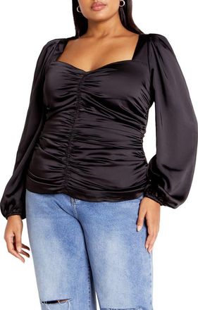 City Chic Sienna Center Ruched Satin Top in Black at Nordstrom, Size Xxl