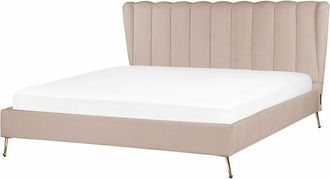 Beliani Velvet Fabric eu Super King Size Bed Frame 6ft Headboard with usb Port Gold Metal Legs Taupe Miribel