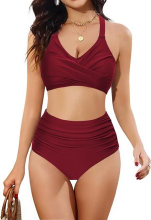Heekpek Bikini Sets for Women Tummy Control Swimsuit Women Swimming Costume 2 Piece with V Neck Front Cross Bikini Tops & High-Waisted Bikini Bottoms, Burgund