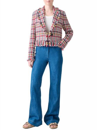 Akris Womens Check Tweed Maxi Fringes Jacket In Cream Multi