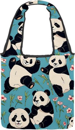 Generic Cute Panda on Blue Reversible Canvas Shoulder Tote - Double-Sided Print, 12oz Cotton, 27cm Drop, Fold-Flat Bag for Travel, Shopping, Street Outings