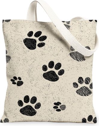 Generic Paw Print Canvas Tote Bags, Stylish Animal Pattern Reusable Grocery Bags, Lightweight Washable Shoulder Strap Canvas for Gy, Beige, 13x15 Inch