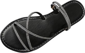 Generic Black Casual Two-Way Rhinestone Slippers for Women Round Toe Open Toe Flat Heel Comfortable