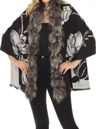 Belle Fare Real Silver Fox Trim Cashmere Blend Floral Wrap Cover-Up In Black/white