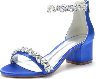 Generic Wedding Bridal Shoes Women Block Heel Wedding High Sandals Rhinestones Ankle Strap Low Heel Bridal Shoes 5.5Cm,Blue,10 UK