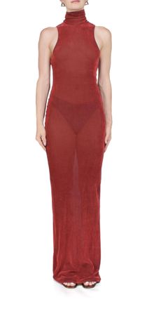 PriscaVera Velvet Mesh Turtleneck Maxi Dress In Brick
