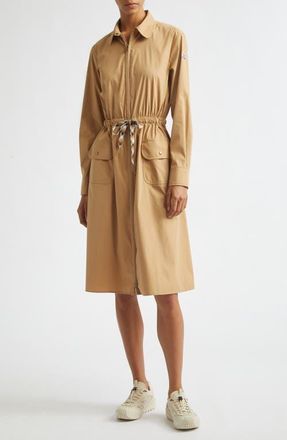 Moncler Long Sleeve Cotton & Nylon Zip Shirtdress in Beige at Nordstrom, Size 10 Us