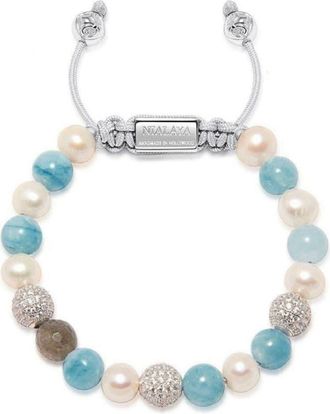 Nialaya beaded pearl bracelet - women - Pearl/stainless steel/Aquamarine/Labradorite/Cubic Zirconia - 14 - White