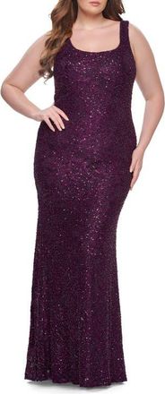 La Femme Beaded Lace Plus Size Fitted Dress with Square Neckline in Dark Berry at Nordstrom, Size 12W