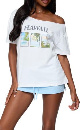 Edikted Hawaiian Babe Off the Shoulder Cotton Graphic T-Shirt in White at Nordstrom, Size X-Small