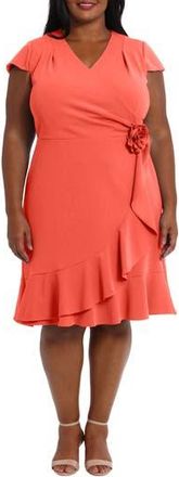 London Times Cap Sleeve Ruffle Dress in Hot Coral at Nordstrom Rack, Size 16W